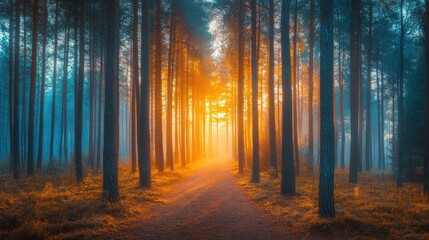 Obraz premium A path through a misty forest at sunrise, with the sunlight shining through the trees.