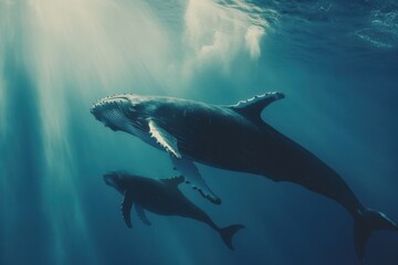 Fototapeta premium Majestic Humpback Whales Swimming Underwater with Sunlight Filtering Through Ocean Surface in a Peaceful Marine Environment