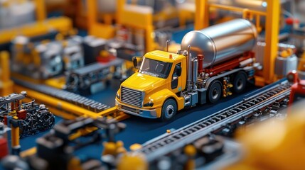 Fototapeta premium A detailed miniature scene featuring a yellow truck among industrial equipment, highlighting a vibrant, busy logistics environment.