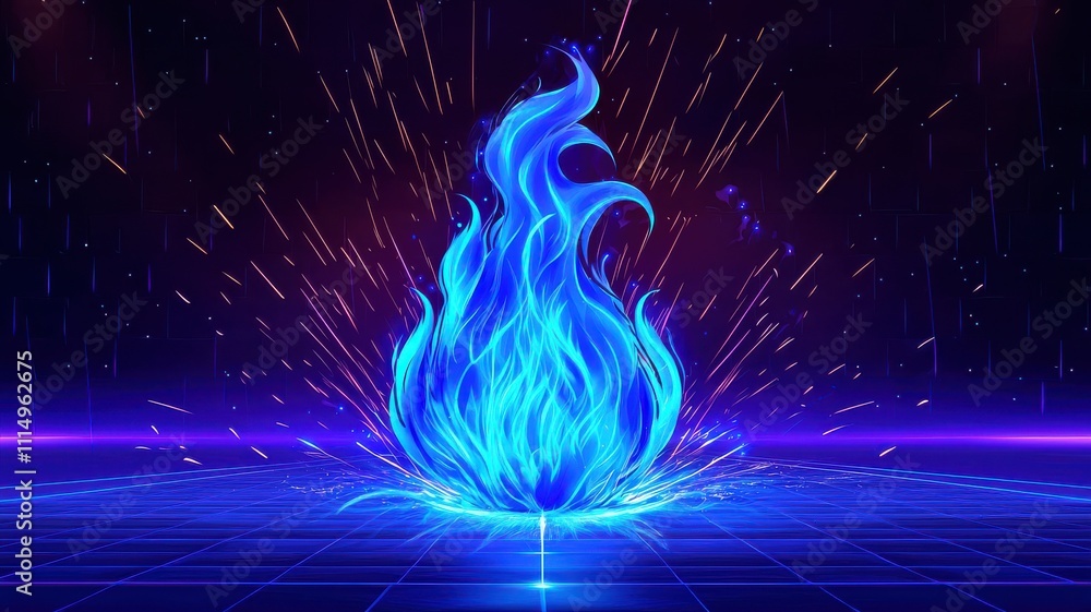 Poster a vibrant blue flame emanates sparks against a dark background, creating a dynamic and futuristic vi