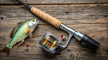Fishing Rod, Reel, Lure, and Bobbers on Rustic Wooden Surface