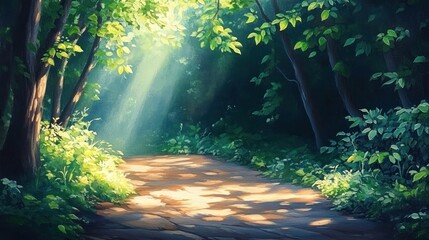 Obraz premium Forest Pathway in Sunlit Woods Vibrant Greens Beautiful Scenery Hiking Adventure