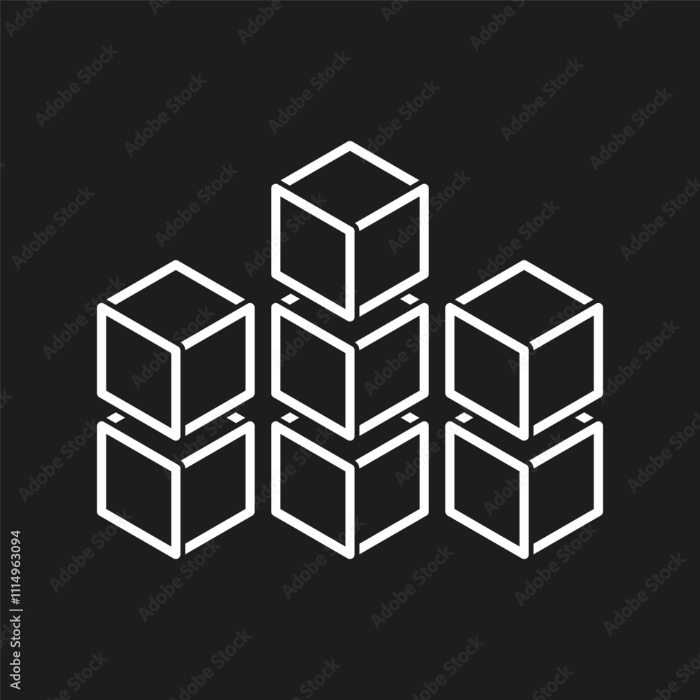 Poster 3d cube icon. geometric box symbol. stackable blocks vector. abstract black outline.
