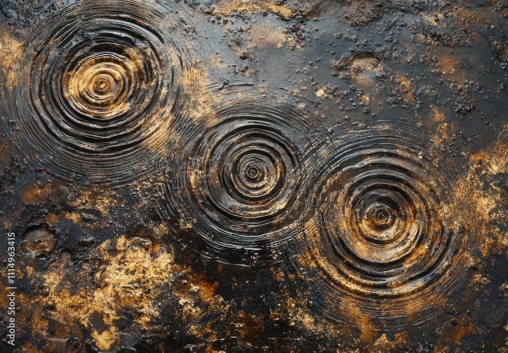 Poster natural patterns in water with ripples and reflections on dark ground surface after rain, creating a