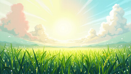 Fototapeta premium A serene sunrise over lush green fields with soft clouds in the distance.