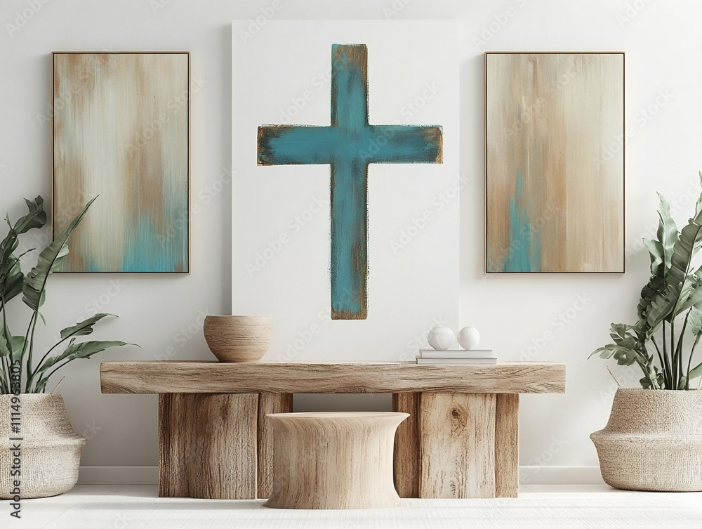 Wall mural Turquoise cross on a white canvas flanked by