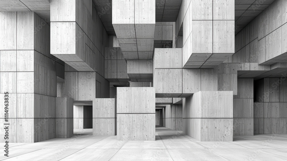 Poster a modern, abstract space featuring a maze of geometric concrete structures in varying sizes and pers
