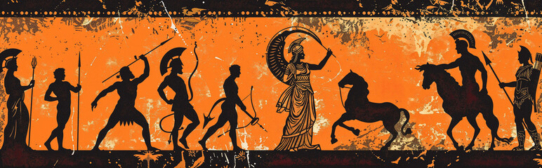 A Greek artistic composition featuring silhouetted warriors, a goddess figure, and a horse on orange and black background. The scene evokes themes of mythology, battle and ancient civilization