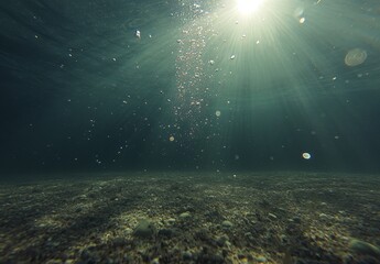 Serene Underwater Scene with Sunlight Filtering Through Water, Bubbles Floating, and Pebble-Laden Ocean Floor Creating a Tranquil Atmosphere for Marine Photography