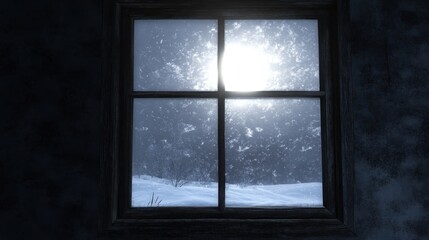 A snowy landscape viewed through a window, illuminated by a bright, cold moon.
