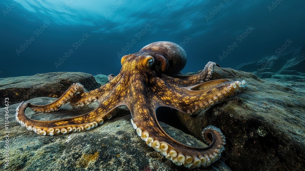 Poster stunning close-up of a vibrant octopus displaying its colorful texture and intricate features while 