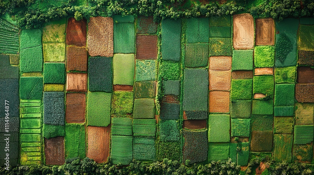Poster aerial view of diverse agricultural fields in a patchwork pattern
