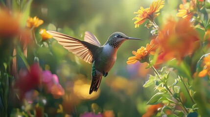 Obraz premium Vibrant Hummingbird Hovering Near Colorful Flowers