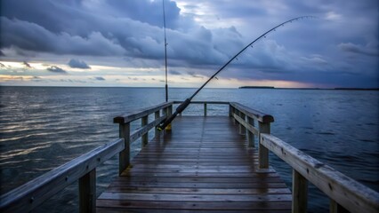 Fototapeta premium A Fishing Rod Resting on a Wooden Pier with a Stormy Sky in the Background