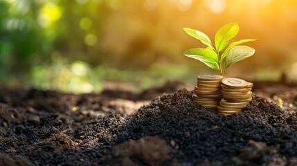Young Plant Sprouting From Stacked Coins In Soil