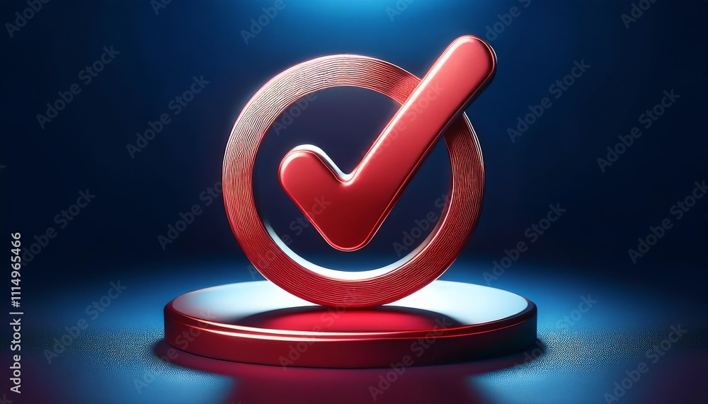 Poster a shiny red checkmark icon on a circular base, illuminated against a dark blue background, symbolizi