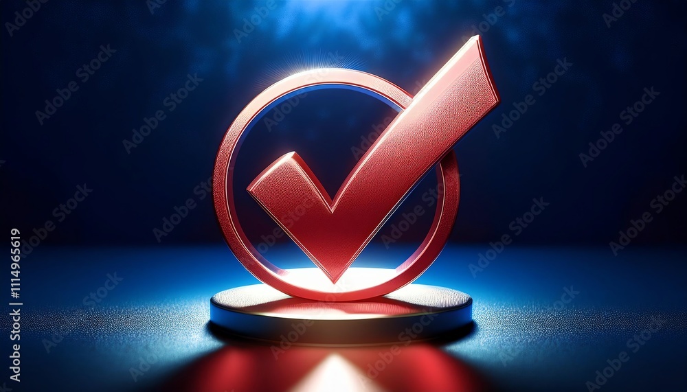 Poster a shiny red checkmark in a circular frame, symbolizing approval or confirmation, set against a dark,