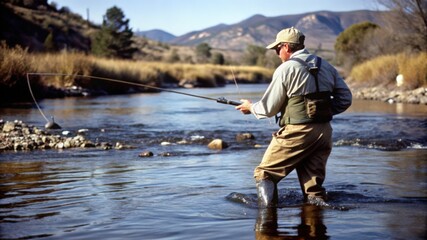 A Fisherman Wades Through a River With His Fishing Rod
