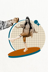 Vertical photo collage of happy girl dance disco occasion weekend leisure hand show fist gesture...