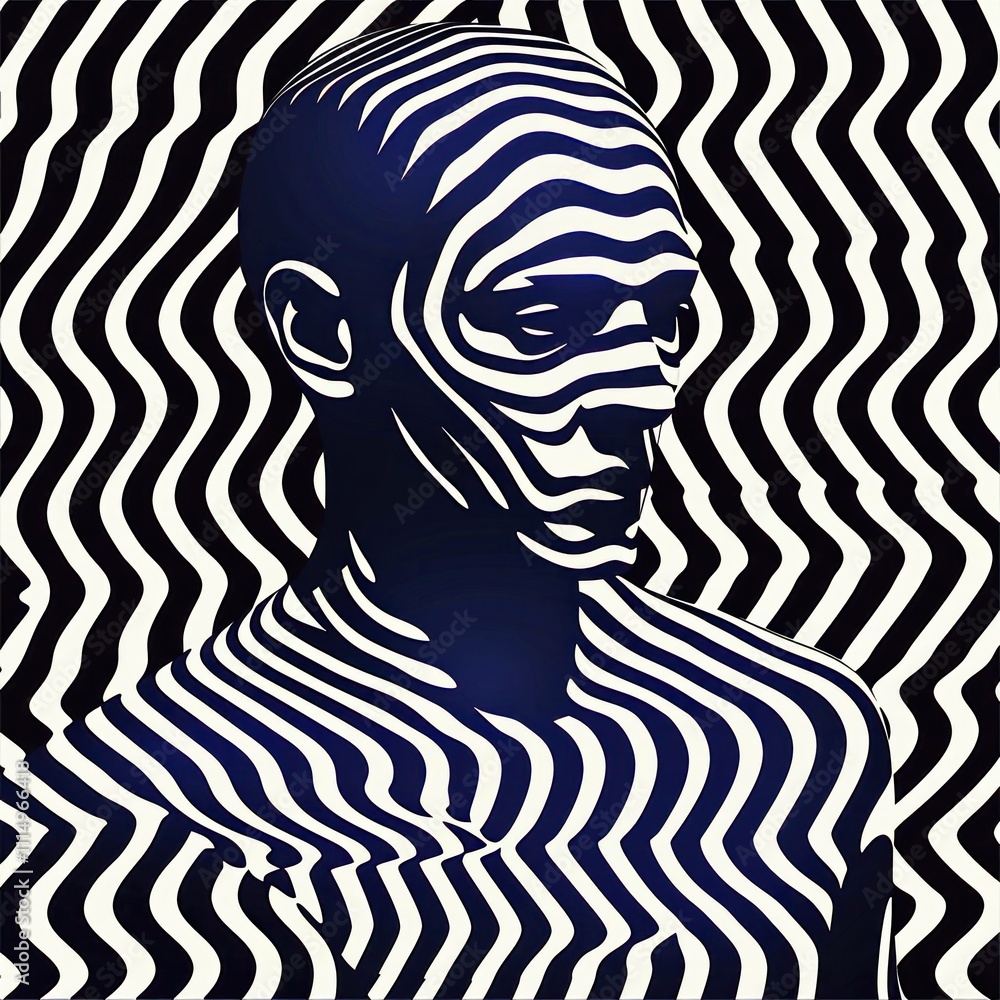 Poster abstract illustration of a human figure with wavy lines creating a sense of depth and motion, showca