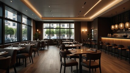 Fototapeta premium Modern Restaurant Interior with Large Windows.
