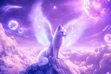 Mystical winged fox perched atop a mountain peak, bathed in ethereal purple light amidst a dreamy cloudscape and celestial bodies.