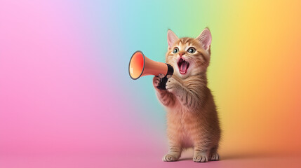 A humorous scene of a cat using a loudspeaker to communicate something important.