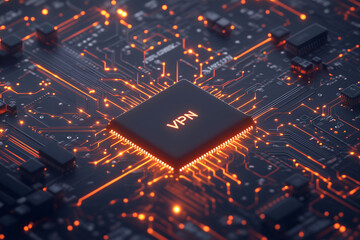 A close-up view of a glowing VPN chip on a dark circuit board.