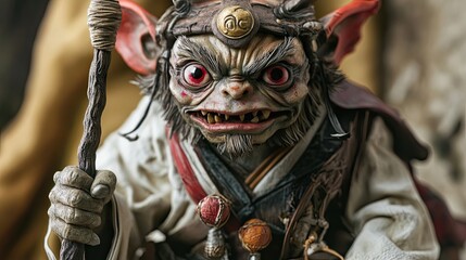 Fototapeta premium Intricate Goblin Figure With Staff And Ornate Clothing