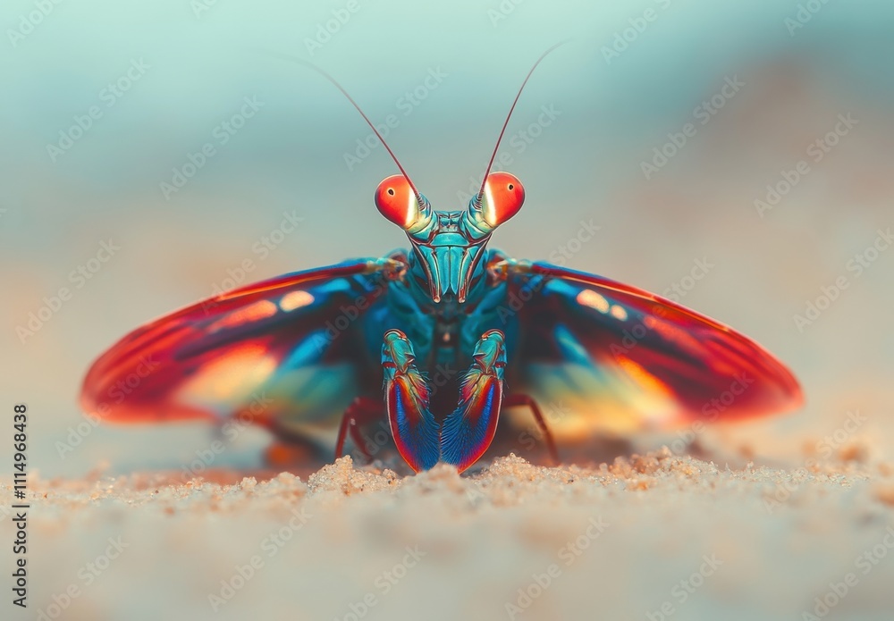 Poster vivid close-up of a colorful mantis shrimp displaying its vibrant colors and unique features underwa