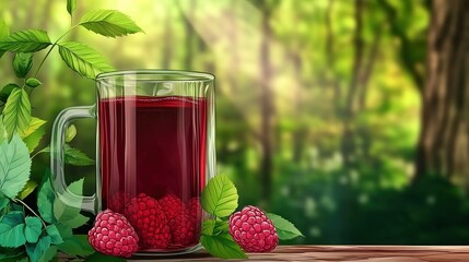 A cartoon-style illustration of raspberry tea, designed for a menu, featuring vibrant colors and a playful, whimsical aesthetic, perfect for showcasing a refreshing beverage.