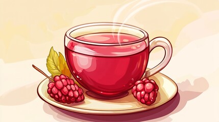 A cartoon-style illustration of raspberry tea, designed for a menu, featuring vibrant colors and a playful, whimsical aesthetic, perfect for showcasing a refreshing beverage.
