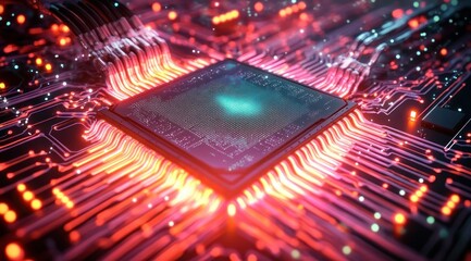 Futuristic Microchip with Glowing Circuit Patterns in 3D Digital Art Style