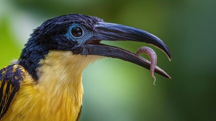 Fototapeta premium Yellow breasted bird holding worm in beak