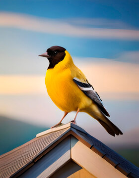 P&aacute;jaro de color amarillo con pico de color negro, parado en una cumbrera.