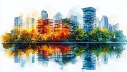 Fototapeta premium Urban Greenery and Modern Architecture in Sustainable Cityscape Illustration