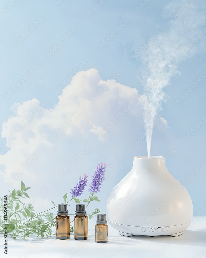 Poster aromatherapy diffusing essential oils home setting still life calm atmosphere close-up wellness conc