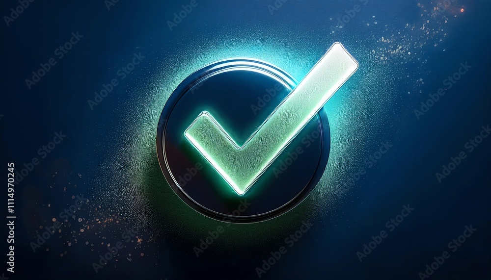 Poster a glowing checkmark icon on a circular button, symbolizing approval or confirmation against a dark, 