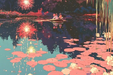 Serene summer evening scene of three friends enjoying fireworks reflected on a calm lily pad-filled pond.