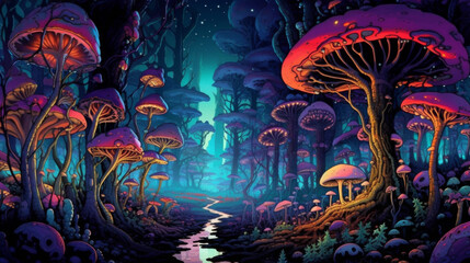 Trippy cartoon-style image of a whimsical forest HD desktop wallpaper