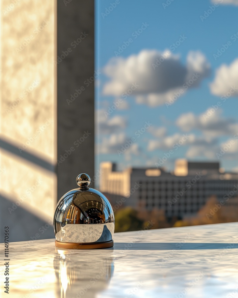 Poster elegant tabletop bell displaying modern architecture against a cloudy sky indoor environment close-u
