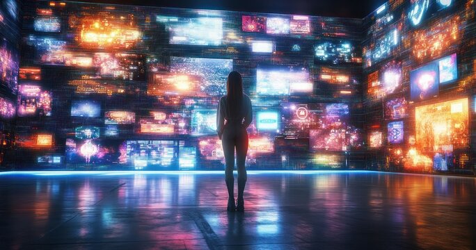 Caucasian Woman Staring at Digital Wall of Screens Showcasing Social Media Games and Online Content in Cyberpunk Style