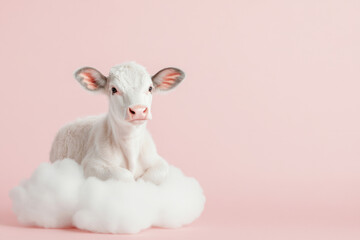 Fototapeta premium cute calf resting on fluffy cloud against pink background