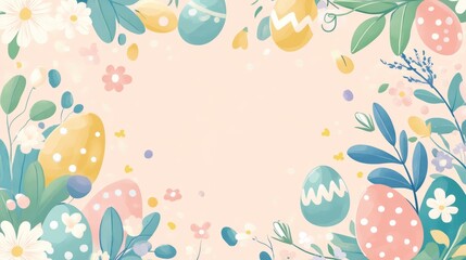 Design a cheerful copy space background for Easter, featuring pastel colors, playful Easter eggs, and delicate spring flowers, creating a vibrant and inviting canvas perfect for festive messages 