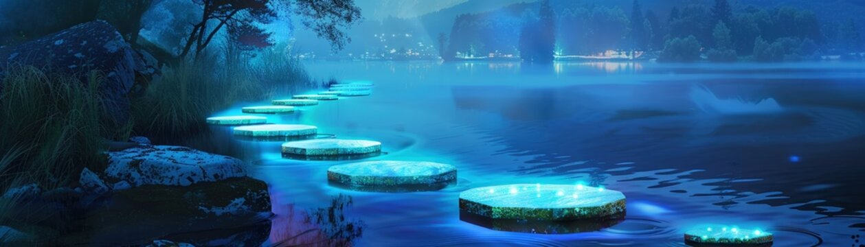 A series of translucent stepping stones across a bioluminescent lake appearing to hover over the glowing surface