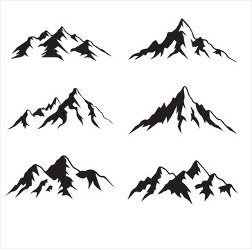 Mountain Ranges Silhouette Collection: Himalayas, Rockies, Andes, and Alps. white background