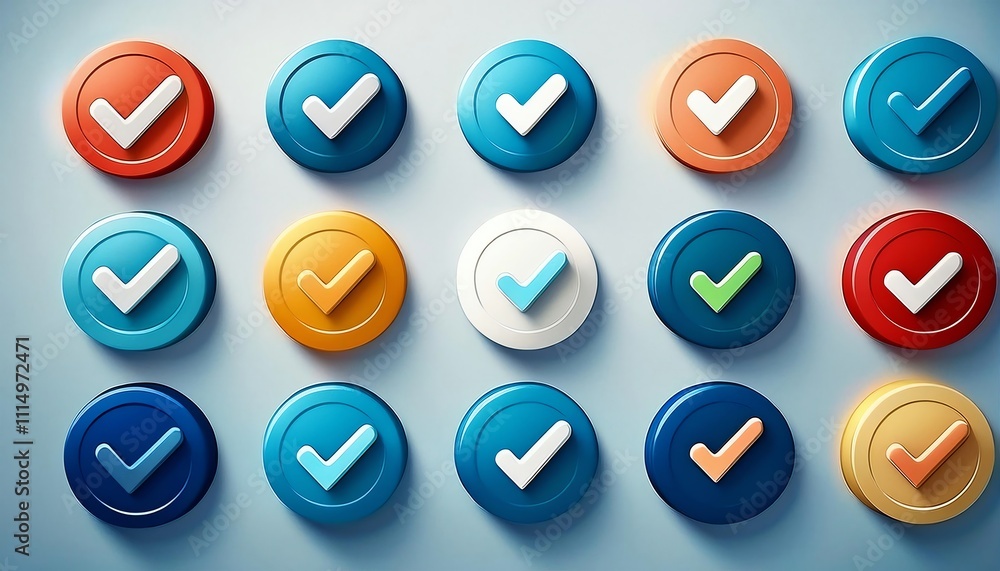 Poster colorful checkmark buttons arranged in a grid, symbolizing completion, approval, or selection in a v