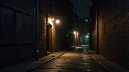 Fototapeta premium Dark, misty alleyway at night with dim lighting.
