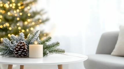 A cozy holiday scene featuring a decorated Christmas tree, a candle, pinecones, and greenery on a white table in a bright room.