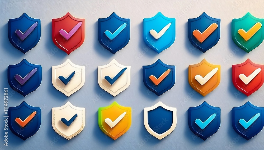 Poster a vibrant array of shield icons featuring check marks, symbolizing security, trust, and verification